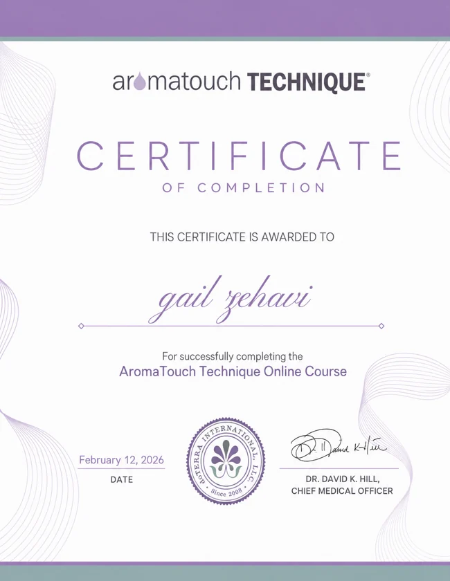 AromaTouch Technique course completion certificate for Gail Zehavi